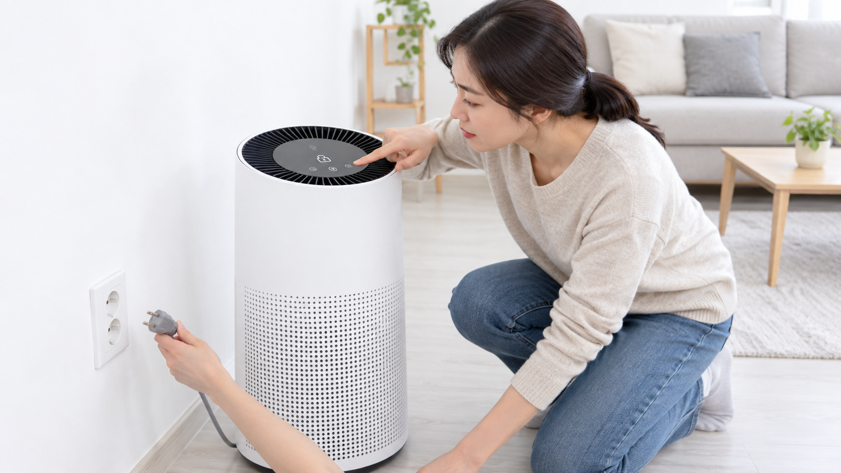 밝은 거실에서 공기청정기 전원 플러그와 상단 조작부를 함께 살피는 장면