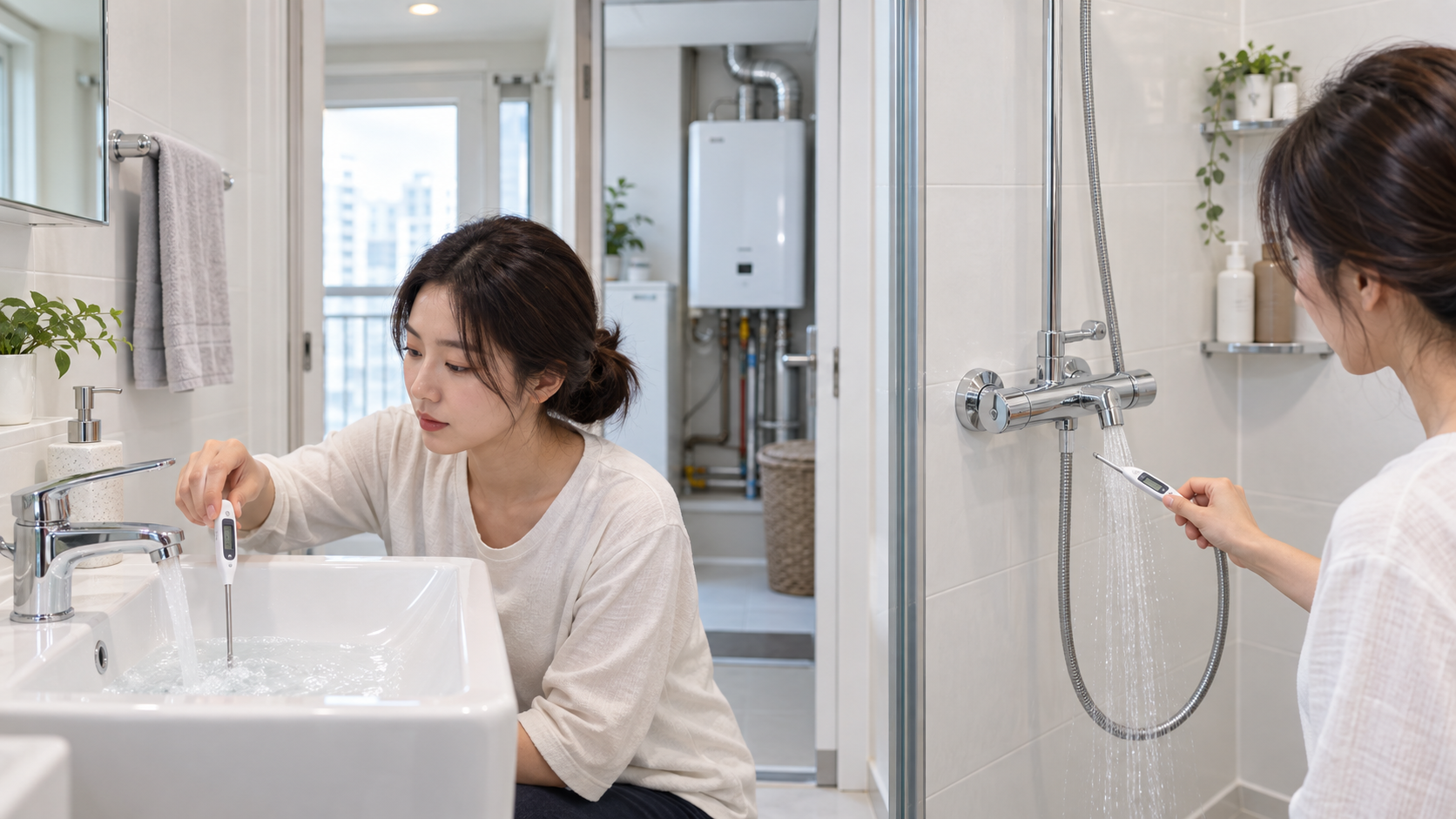 밝은 욕실에서 세면대와 샤워기의 온수 온도를 각각 재며 뒤쪽 보일러 표시를 대조하는 장면