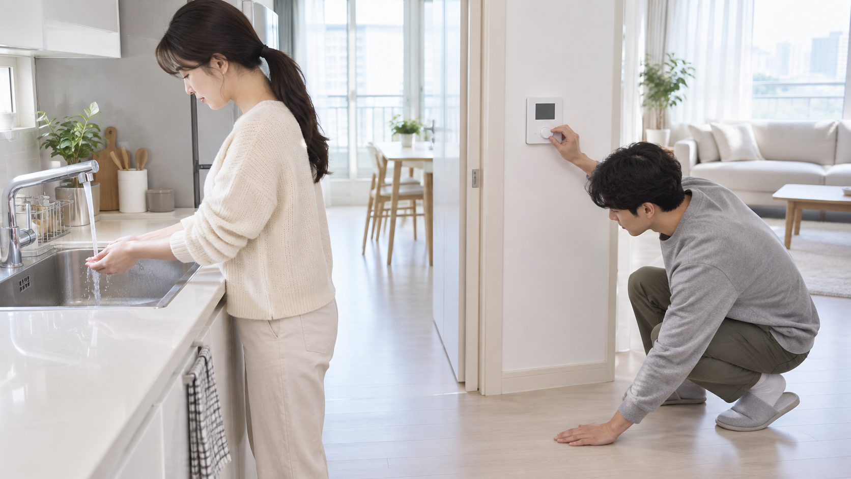 밝은 집에서 온수가 나오는 싱크대와 차가운 바닥 옆 난방 조절기를 함께 대조하는 장면