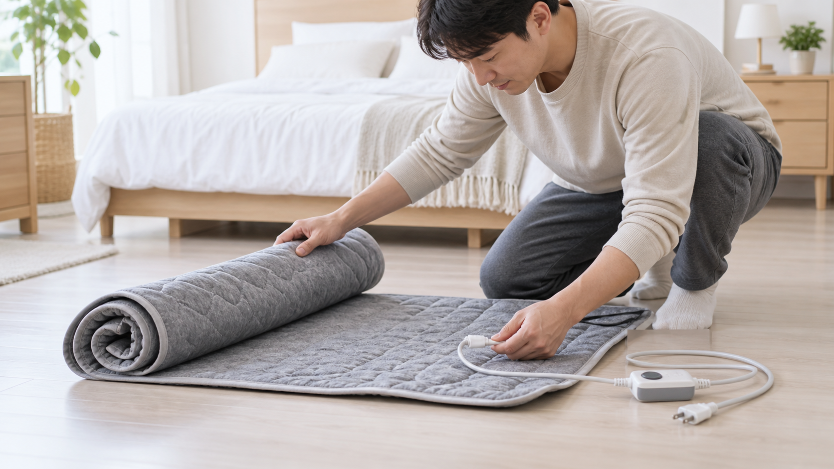 밝은 침실 바닥에 전기장판을 평평하게 펼치며 분리된 플러그와 온도조절기를 점검하는 장면