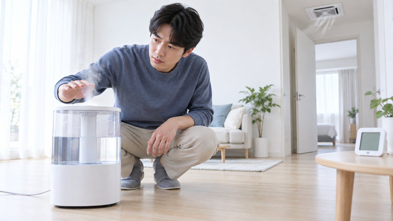 밝은 거실에서 가습기 물통과 약한 연무, 멀리 둔 습도계와 열린 문을 함께 살피는 장면