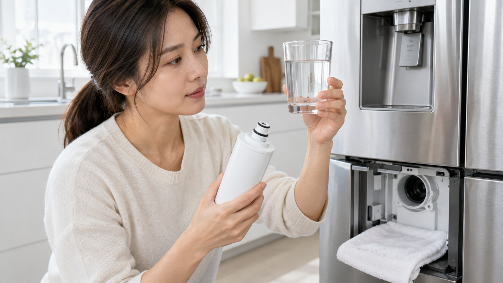 밝은 주방에서 사용자가 냉장고 정수필터와 검은 미세 입자가 든 투명한 물컵, 필터함 아래 마른 수건을 함께 살피는 장면