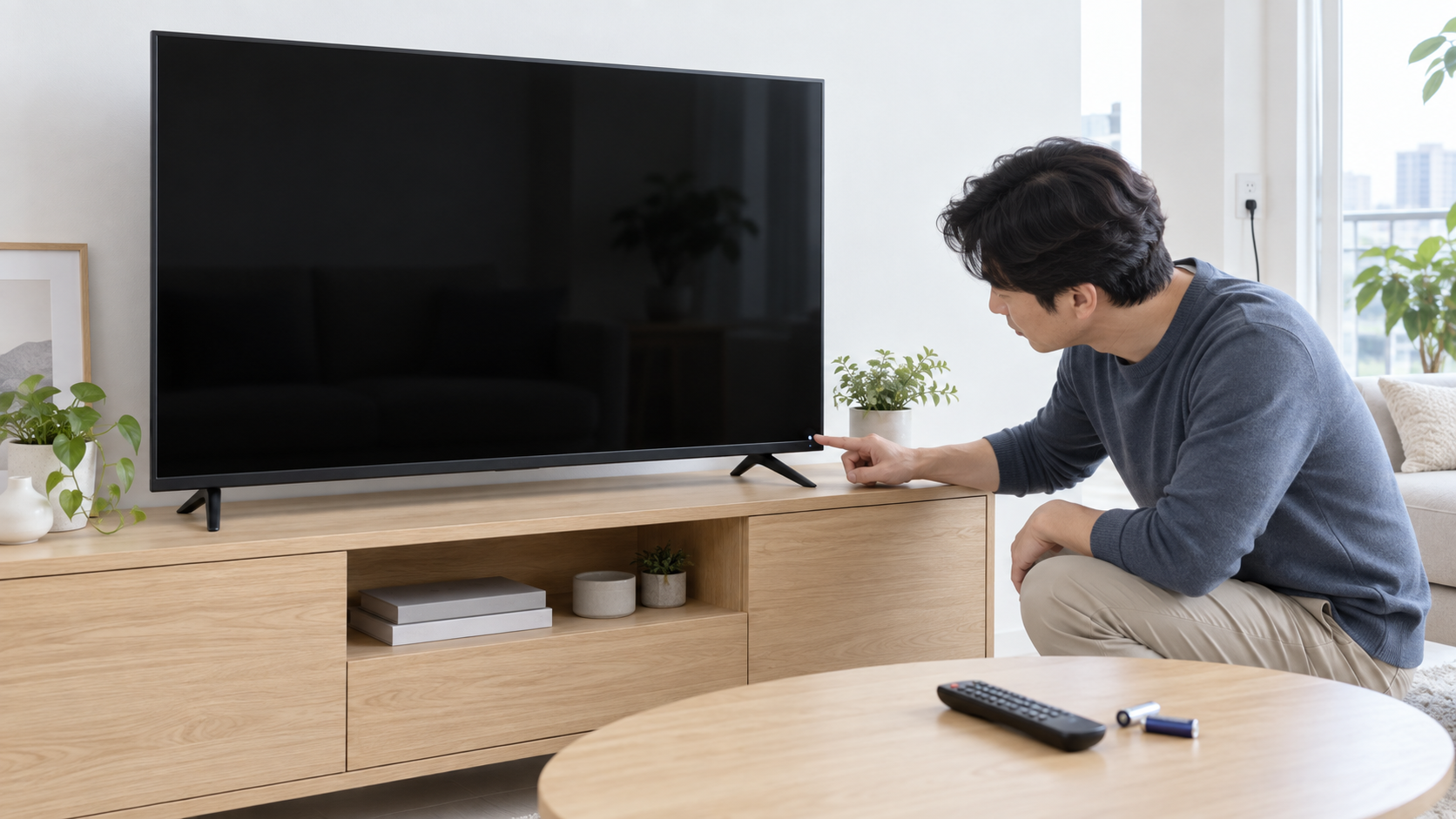 흰 벽의 거실에서 검은 TV 화면과 하단 대기등, 본체 전원 버튼을 살피고 테이블의 리모컨 배터리를 비교하는 장면