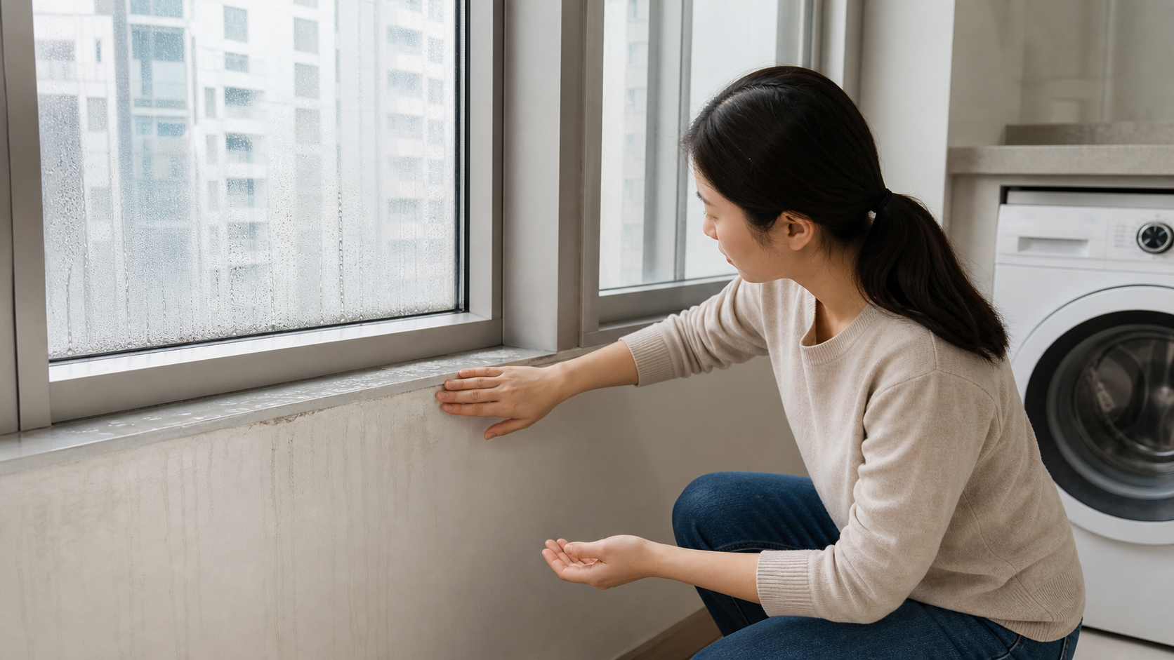 창문 아래쪽과 창틀에 물방울이 맺힌 위치