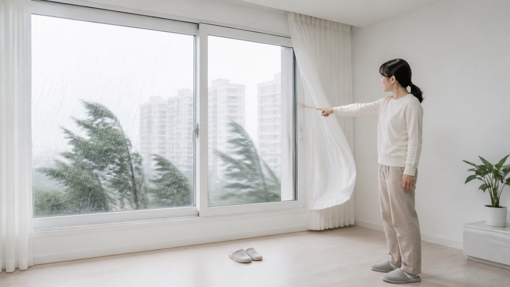 흰 아파트 거실에서 비바람에 흔들리는 미닫이 창문과 창틀 틈을 주민이 유리에서 떨어져 바라보는 장면